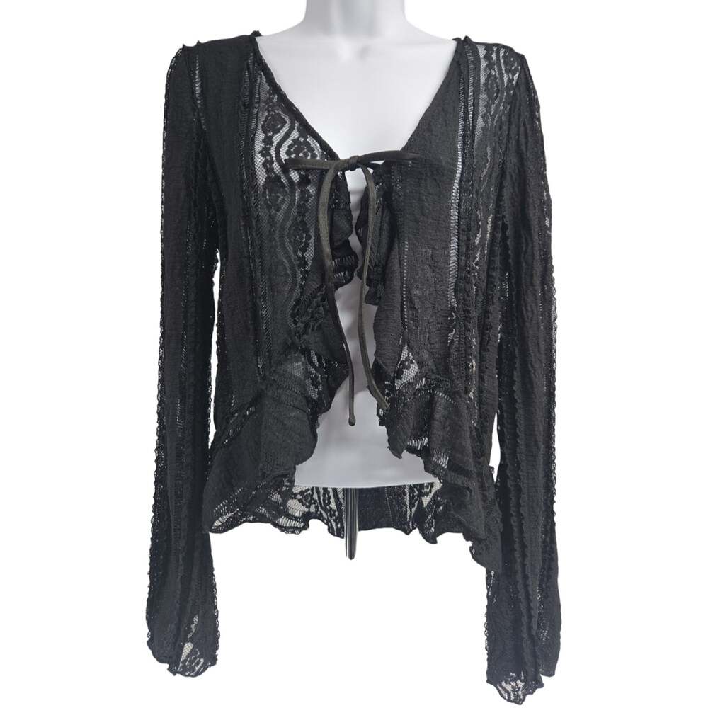 Peach Womens Black Open Lace Knit Cardigan Tie Front Whimsygoth Fairy Size M